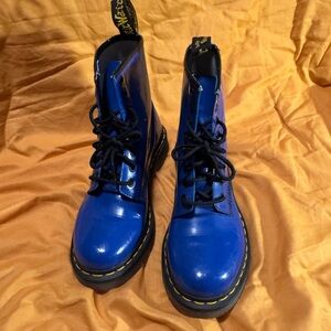 Dr. Martens Shiny Blue Boots with Yellow Accents